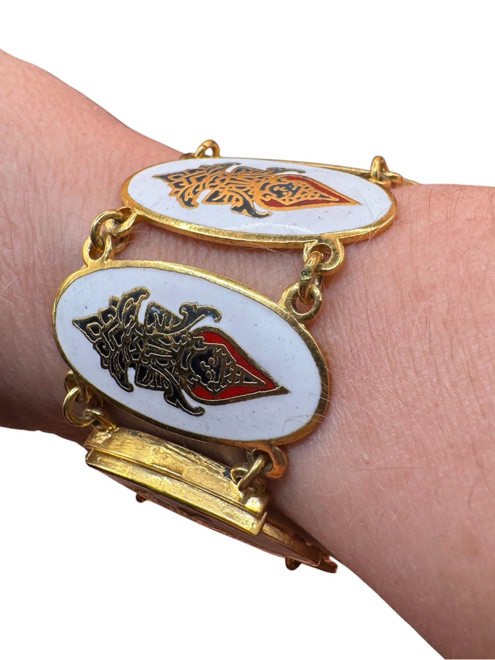 Vintage Siam Thailand Enamel Panel Bracelet Thai Dancer Gold Tone Blue